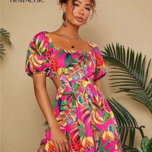 SHEIN Vibrant Pink Tropical Mini Dress